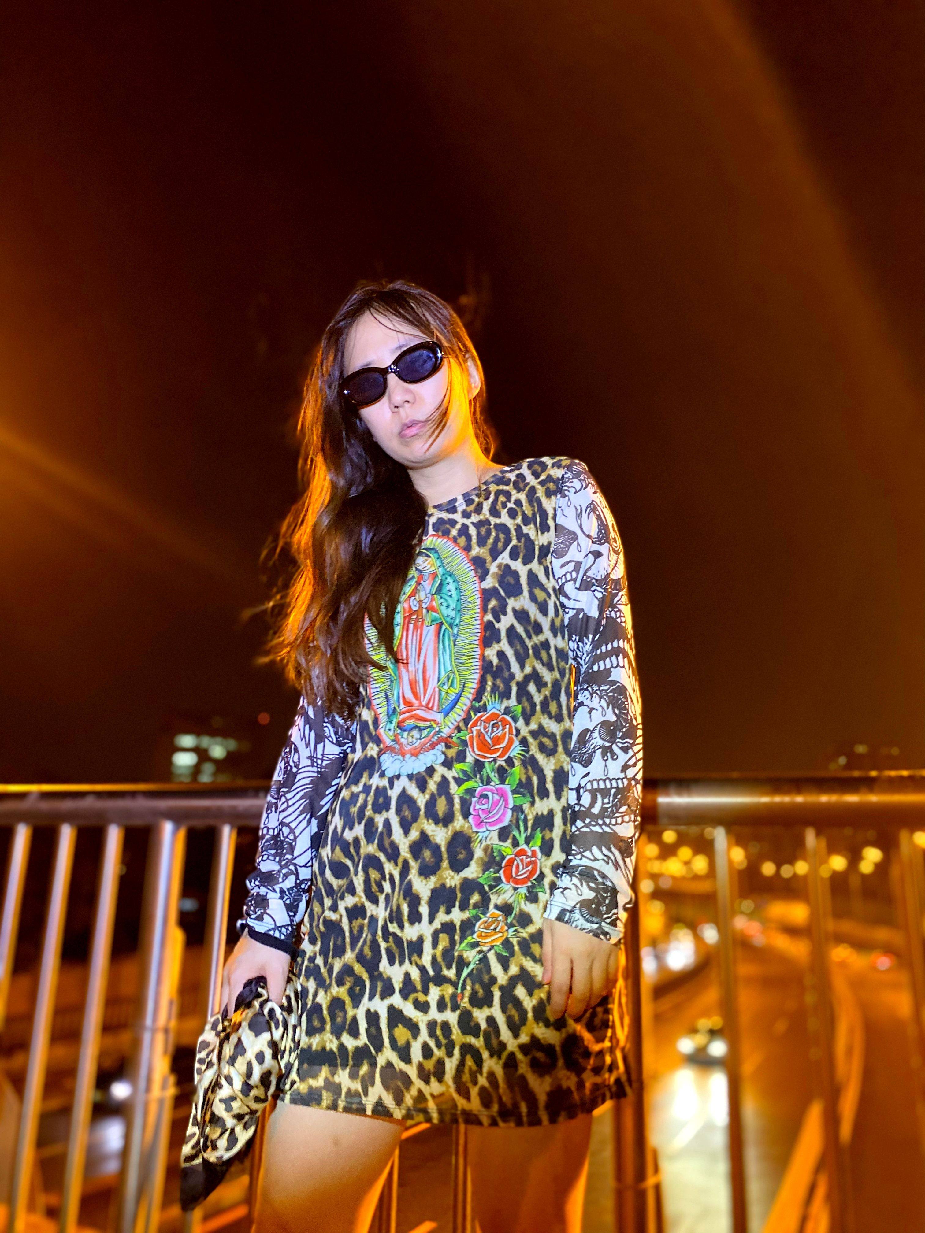 ED联名美式复古辣妹哥特性感豹纹印花长袖网纱女修身显瘦连衣裙