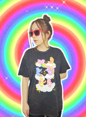 欧美复古水洗烟灰色cear彩虹熊卡通印花宽松中长款短袖t恤有大码