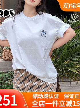 MLB男女情侣短袖25新款NY老花白色休闲圆领纯棉运动T恤3ATSM2153