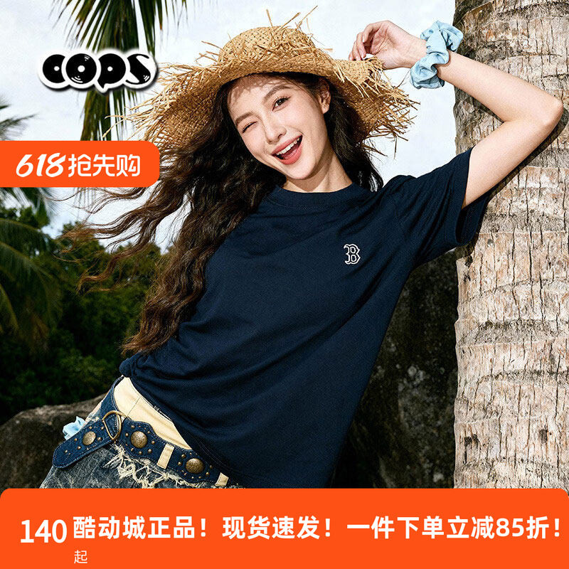 MLB夏季短袖T恤男女通用蓝色宽松圆领LOGO休闲百搭上衣3ATSB0163
