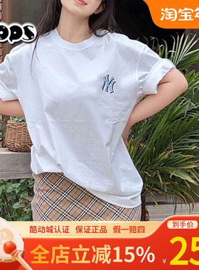 MLB男女情侣短袖25新款NY老花白色休闲圆领纯棉运动T恤3ATSM2153