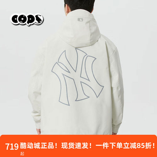MLB奶白色冲锋衣男女夹克26新款NY大标防水休闲运动外套3AWJB0361