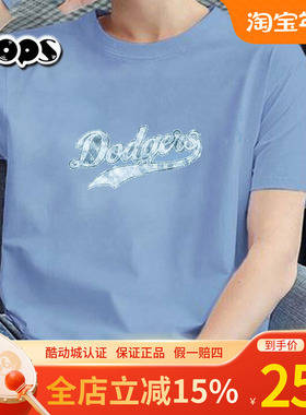 MLB情侣男女T恤25款复古时尚印花上衣NY淡蓝色圆领短袖3ATSM1453