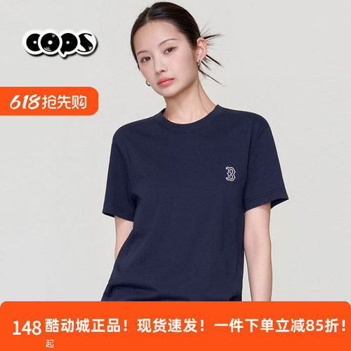 MLB官方男女同款圆领短袖T恤休闲经典款刺绣藏青色上衣3ATSB0163