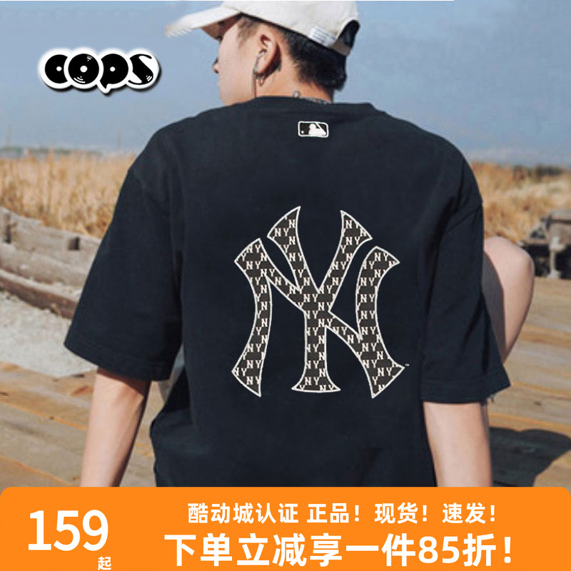 MLB黑色老花短袖男女新款NY背后大logo情侣上衣运动T恤3ATSM0653