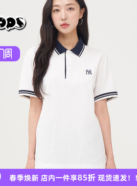 MLB短袖男女情侣25新款NY条纹边小标POLO衫运动翻领T恤3APQB0253