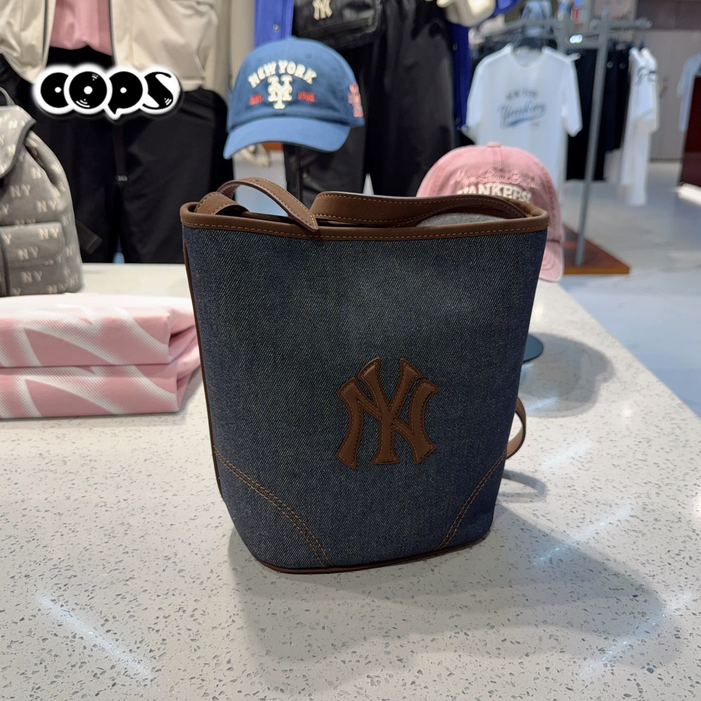 MLBNY牛仔复古情侣单肩水桶包图片