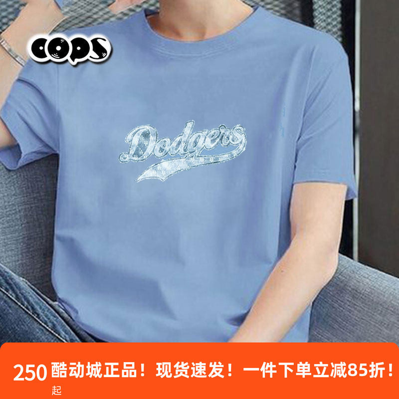 MLB情侣男女T恤25款复古时尚印花上衣NY淡蓝色圆领短袖3ATSM1453图片