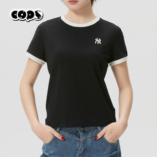 MLB短袖T恤女士黑色圆领撞色设计时尚百搭休闲运动上衣3FTSB0263