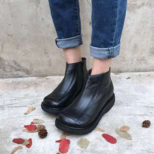 一席之地专柜正品方头新款舒适平底大码头层真皮宽脚休闲百搭矮靴