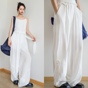 本相织物白色蕾丝拼接松紧腰飘带两侧镂空阔腿裤无性别设计感长裤