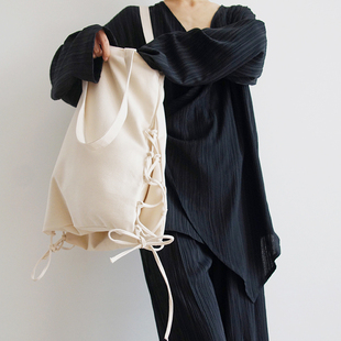 本相织物原创设计单肩帆布包立体复古米白色手提双层包包