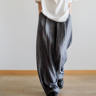 本相织物夏季薄款亚麻手工炒色灰黑条纹长裤中性宽松显瘦休闲裤