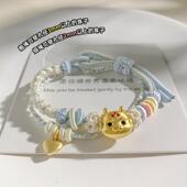 双层桃花手绳小红书同款 可穿珠手工编织绳串黄金路路通转运珠手链