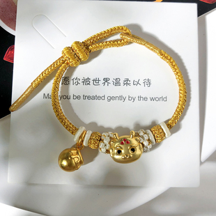 金色手绳桃花结可穿珠盘缠手工编织绳可调节黄金diy可穿金珠手链