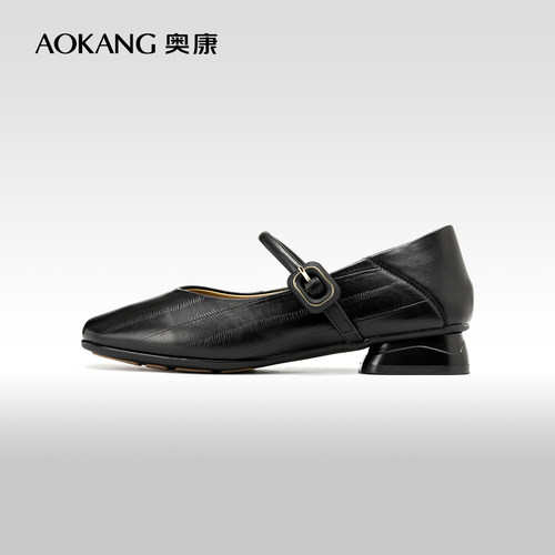 奥康一字带玛丽珍鞋百搭粗跟单鞋