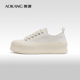 奥康女鞋 春秋季牛仔帆布饼干小白鞋系带厚底显高舒适通勤鞋