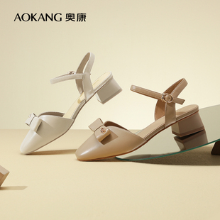 奥康女鞋 夏季新款百搭一字带通勤包头凉鞋甜美粗跟时尚单鞋