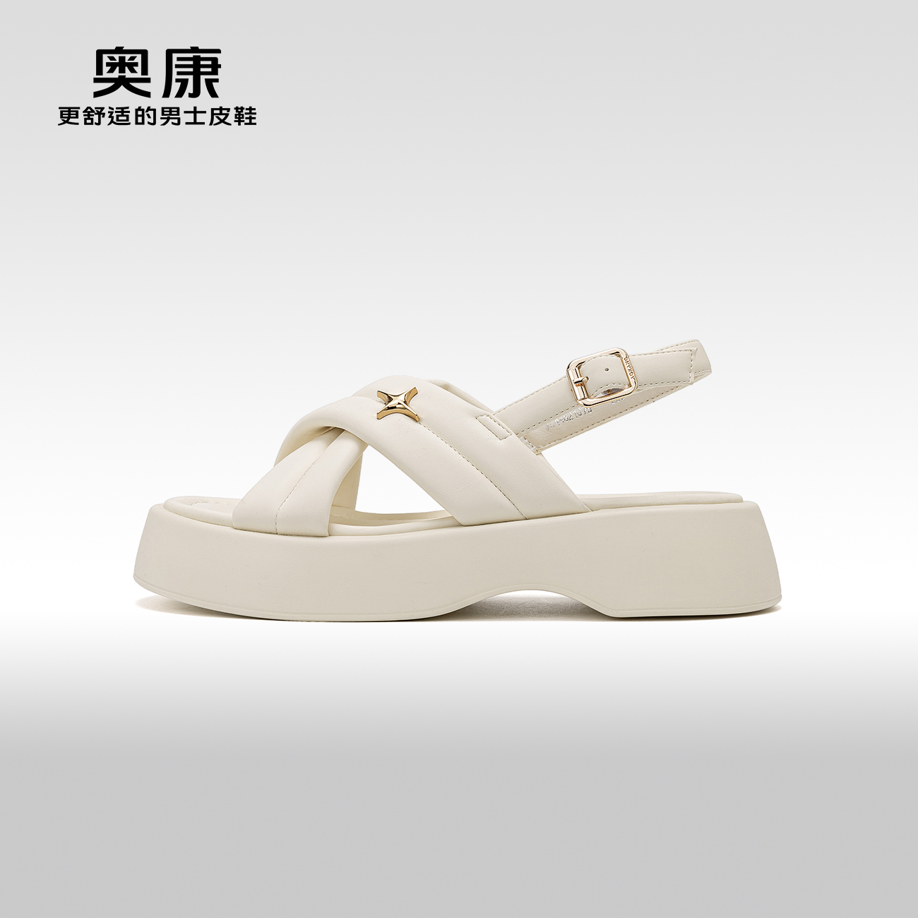 奥康一字扣圆头露趾时尚拖鞋