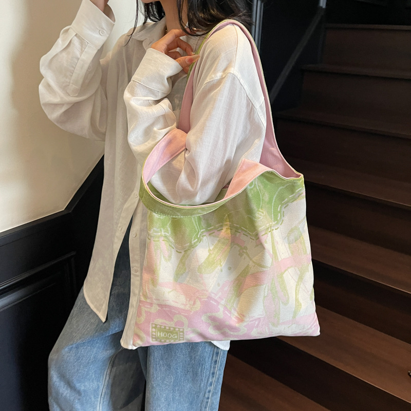 夏季小清新腋下包包女2025新款粉绿拼色文艺风帆布包大容量单肩