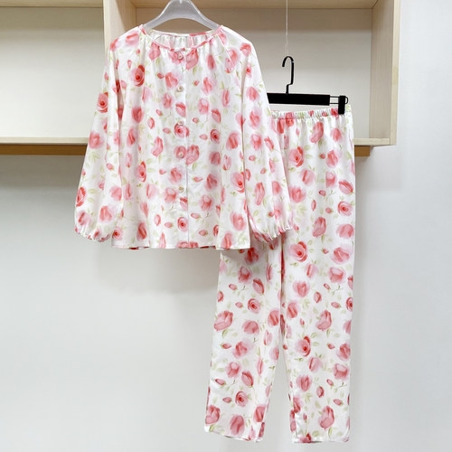 选色定做夏棉绸睡衣成人女薄款开衫长袖绵绸空调服家居服开扣套装