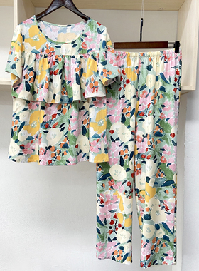女士棉绸防凸点睡衣套装成人女大童人造棉家居服夏胸前荷叶防露点
