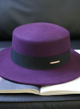 高级感富贵紫色平顶羊毛礼帽女平沿赫本风毡帽秋冬毛呢帽羊毛帽子