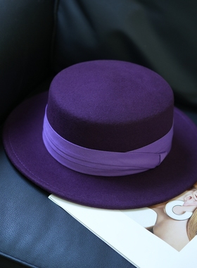 帽子女秋冬高级感富贵紫色羊毛平顶礼帽2025新款法式帽子女休闲帽