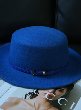 出口法国高级宝蓝色羊毛平顶帽子女简约皮带扣休闲百搭毛呢礼帽潮
