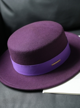 高贵紫色羊毛帽子女秋冬复古军绿色羊毛呢平顶平沿礼帽英伦平顶帽