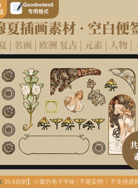 穆夏插画 | 欧洲名画复古人物便签电子手帐素材 | goodnotes5素材