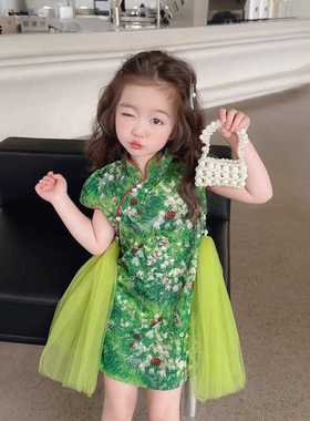 法国Fad Cardin女小童夏装绿色网纱旗袍连衣裙网红复古风表演裙子