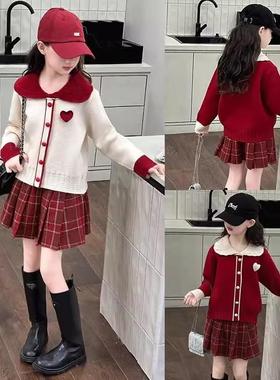 Fad Cardin女童学院风百褶裙2025春秋新款儿童洋气红色针织衫套装
