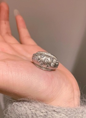 法式复古重工银色拉丝满天星戒指立体镶满钻宫廷风小众精致食指