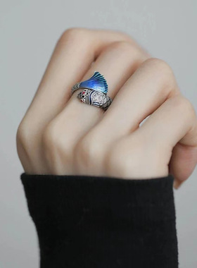 国潮复古珐琅彩鲤鱼跃龙门泰银戒指女国风开口可调节情侣纯银指环