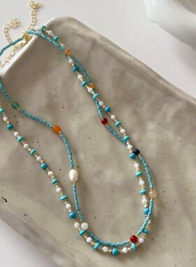 新中式绿松石珍珠项链女夏季小清新彩色时尚轻奢多巴胺串珠锁骨链