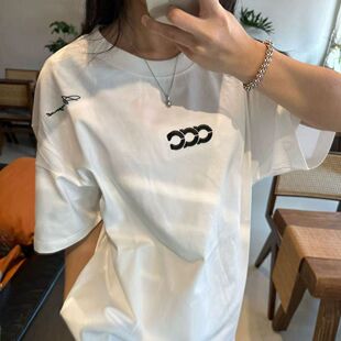美式复古潮牌高街字母刺绣圆领宽松上衣新款设计小众纯棉T恤短袖