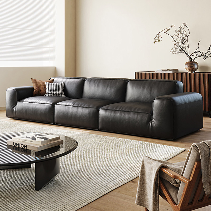 大黑牛原版真皮沙发客厅头层牛皮黑色意式极简豆腐块直排2025新款