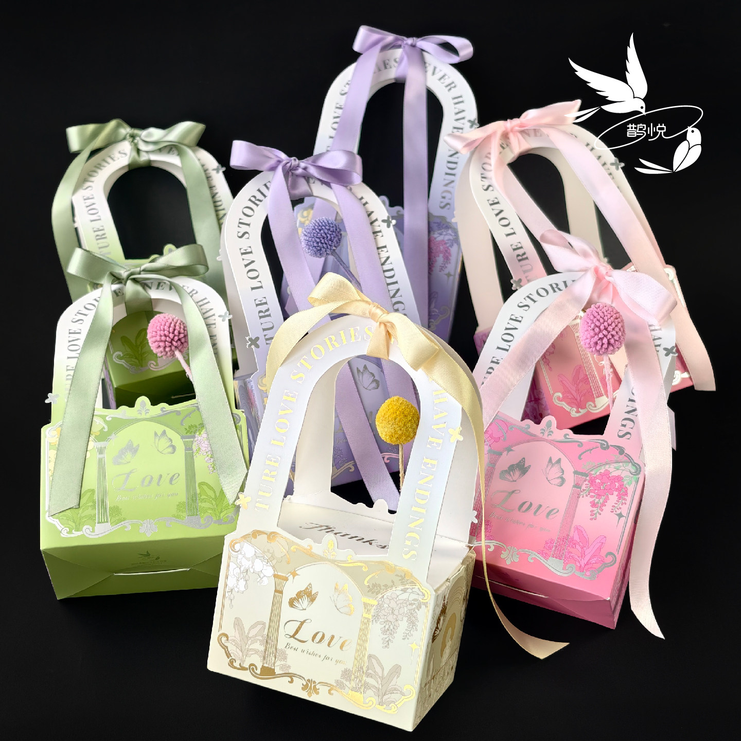 鹊悦原创手绘法式喜糖盒小众高级感提手丝带创意结婚订婚包装纸盒