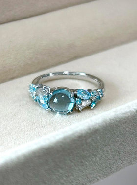 海蓝色锆石戒指女蓝玻璃质感开口