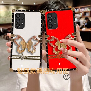 魅狐新款 镶钻蝴蝶适用于三星A22方形电镀手机壳A22s全包四角防摔带蝴蝶支架保护套