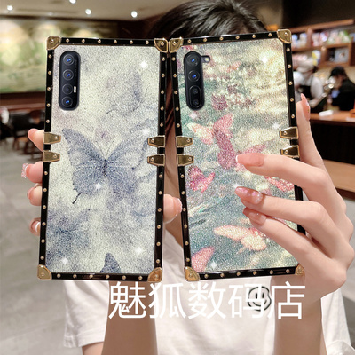 新款闪钻蝴蝶适用于OPPOReno3pro方形手机壳Reno3全包四角加厚防摔带手绳Reno3保护套