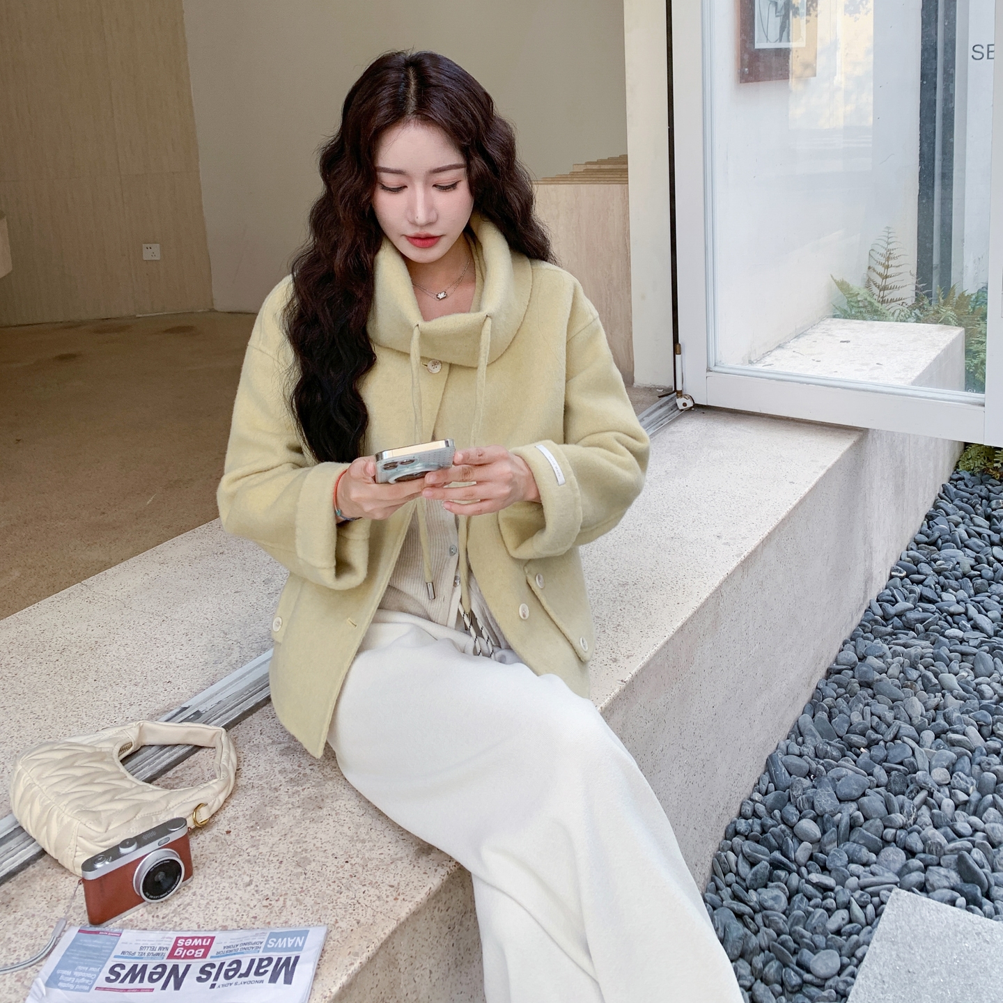 奶黄色毛呢外套女秋冬加厚