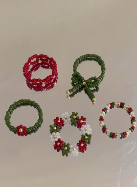 圣诞派对配色串珠戒指复古红绿撞色小众设计可爱手工指环