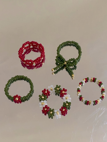 圣诞派对配色串珠戒指复古红绿撞色小众设计可爱手工指环