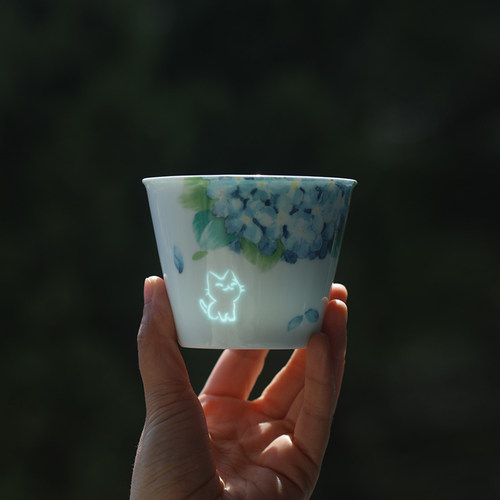 子木咖啡杯猫咪图案玲珑瓷猪口杯