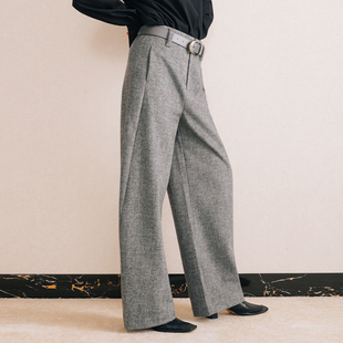chris小倩羊毛阔腿腰带弯刀裤 女 灰色加厚毛呢镰刀香蕉休闲长西裤