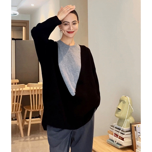 Chris小倩叠穿外搭大深u领慵懒风张曼玉时尚 女 毛衣宽松针织开罩衫