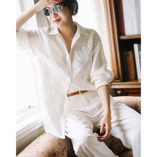 chris小倩白色刺绣仿亚麻衬衫 简约高级感宽松休闲慵懒防晒上衣女
