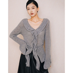 chris羊毛不规则花瓣荷叶边上衣修身 女 显瘦高级设计感针织开衫